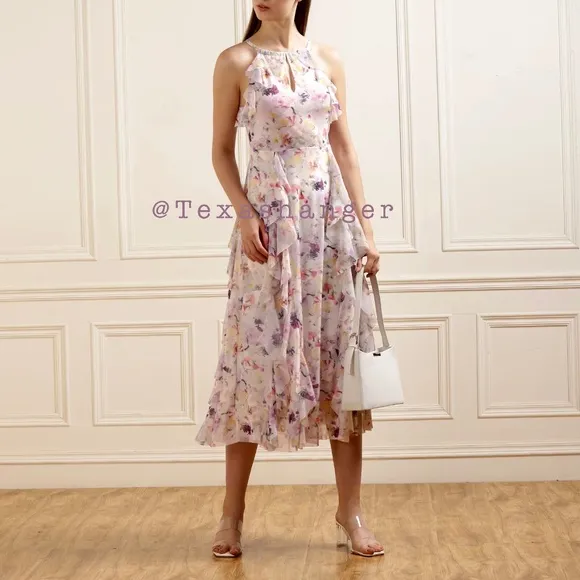 NWT Ted Baker Lauriin Halterneck Ruffle Midi DressSize 4 White/Multi