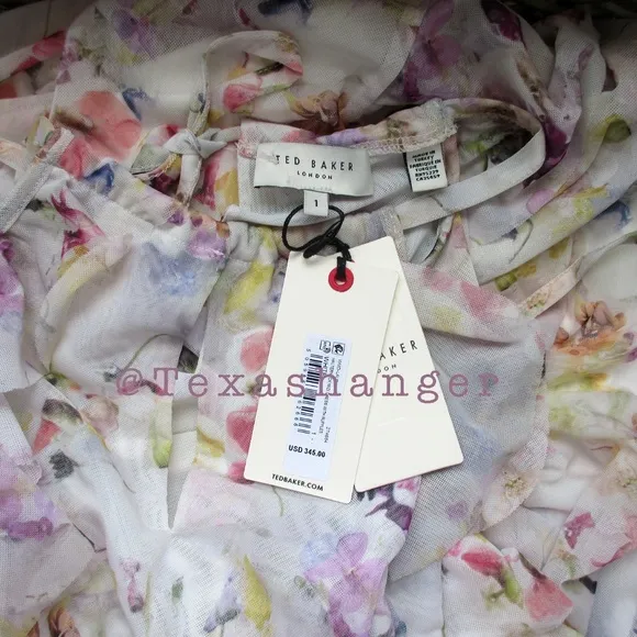 NWT Ted Baker Lauriin Halterneck Ruffle Midi DressSize 4 White/Multi