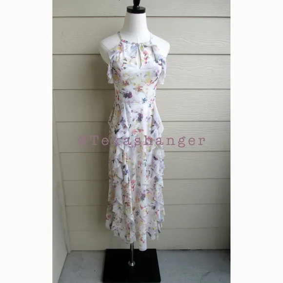 NWT Ted Baker Lauriin Halterneck Ruffle Midi DressSize 4 White/Multi