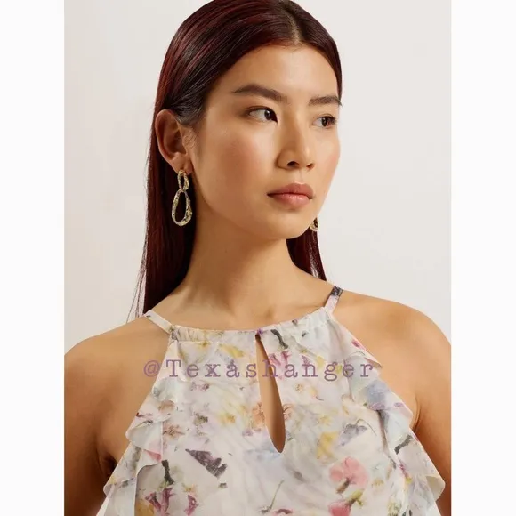 NWT Ted Baker Lauriin Halterneck Ruffle Midi DressSize 4 White/Multi