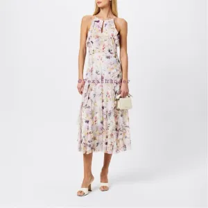 NWT Ted Baker Lauriin Halterneck Ruffle Midi DressSize 4 White/Multi