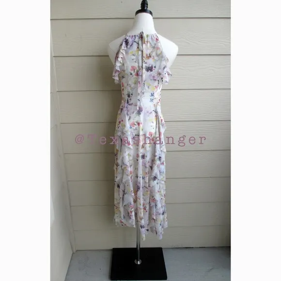 NWT Ted Baker Lauriin Halterneck Ruffle Midi DressSize 4 White/Multi
