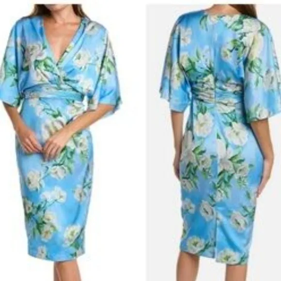 NWT Theia Kimono Midi Dress Blue  Chantily Rose Sz 6 $645