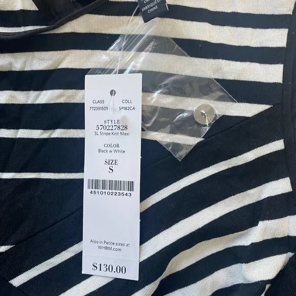 NWT - WHBM Sleeveless White &amp; Black Striped Boat Neck Maxi Dress Size Small #260