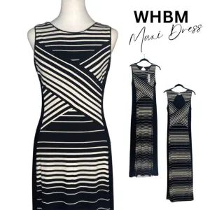 NWT - WHBM Sleeveless White &amp; Black Striped Boat Neck Maxi Dress Size Small #260