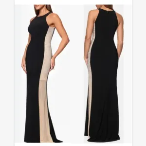 NWT Xscape Beaded Mesh Detail Sleeveless Sheath Gown Sz 10 Black Nude Silver
