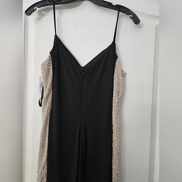 NWT Xscape Beaded Mesh Detail Sleeveless Sheath Gown Sz 10 Black Nude Silver