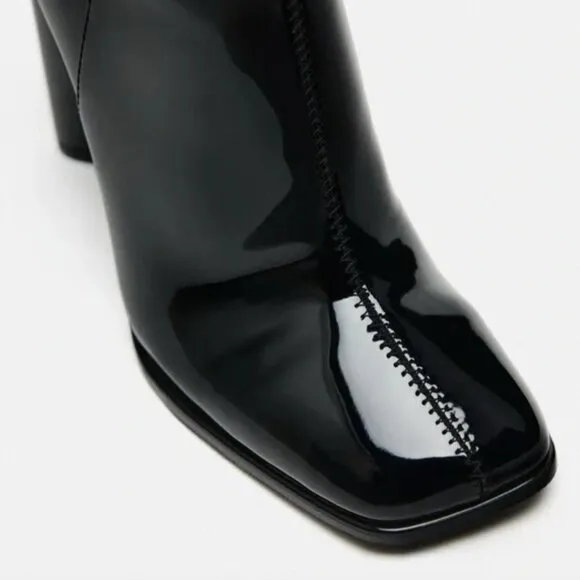 NWT ZARA FAUX PATENT LEATHER HEELED BOOTS BLACK