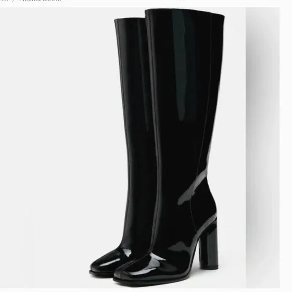 NWT ZARA FAUX PATENT LEATHER HEELED BOOTS BLACK