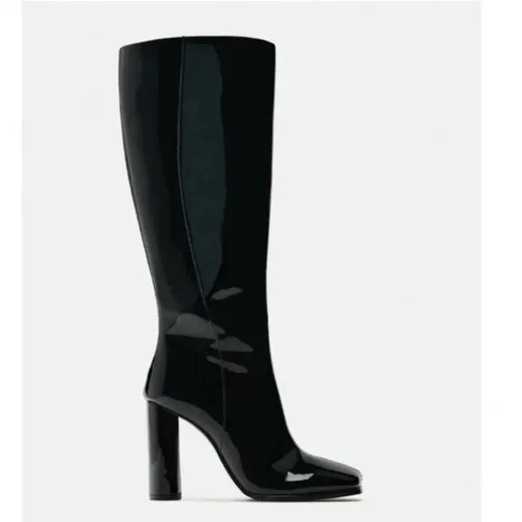 NWT ZARA FAUX PATENT LEATHER HEELED BOOTS BLACK