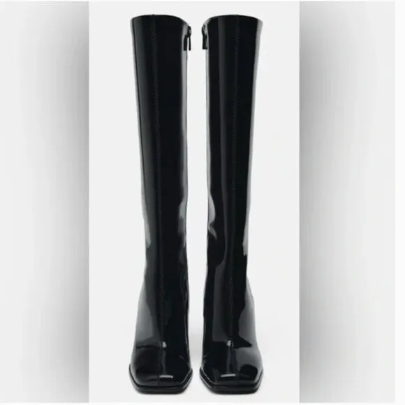 NWT ZARA FAUX PATENT LEATHER HEELED BOOTS BLACK