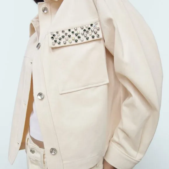 Nwt Zara Rhonestone beaded cream cotton jacket / Zara casual jacket with collar