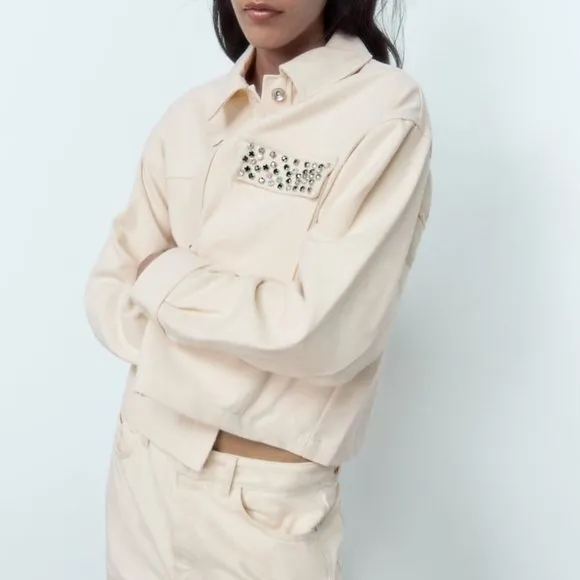 Nwt Zara Rhonestone beaded cream cotton jacket / Zara casual jacket with collar