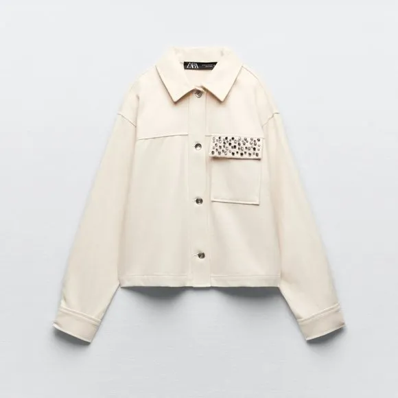 Nwt Zara Rhonestone beaded cream cotton jacket / Zara casual jacket with collar