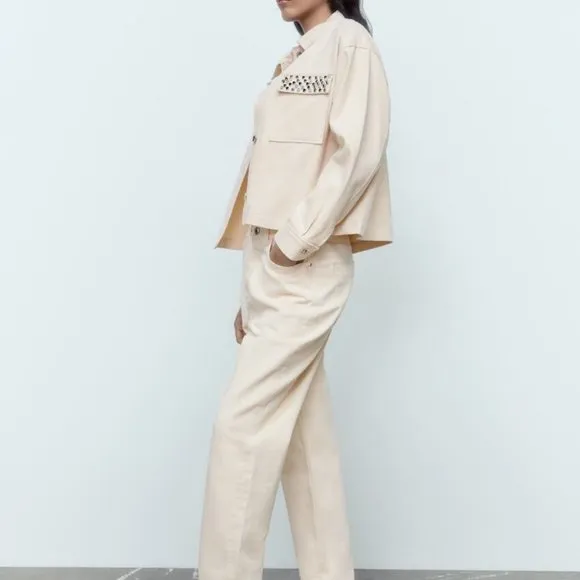 Nwt Zara Rhonestone beaded cream cotton jacket / Zara casual jacket with collar