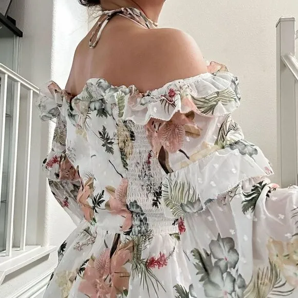 NWT The Jetset Diaries White Floral Ruffle Off Shoulder Slit Maxi Dress Sz L