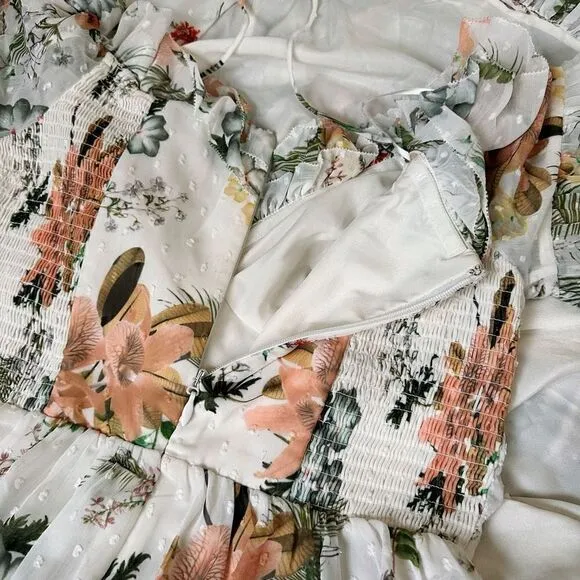 NWT The Jetset Diaries White Floral Ruffle Off Shoulder Slit Maxi Dress Sz L