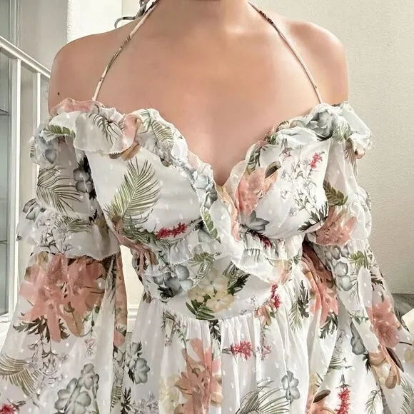 NWT The Jetset Diaries White Floral Ruffle Off Shoulder Slit Maxi Dress Sz L