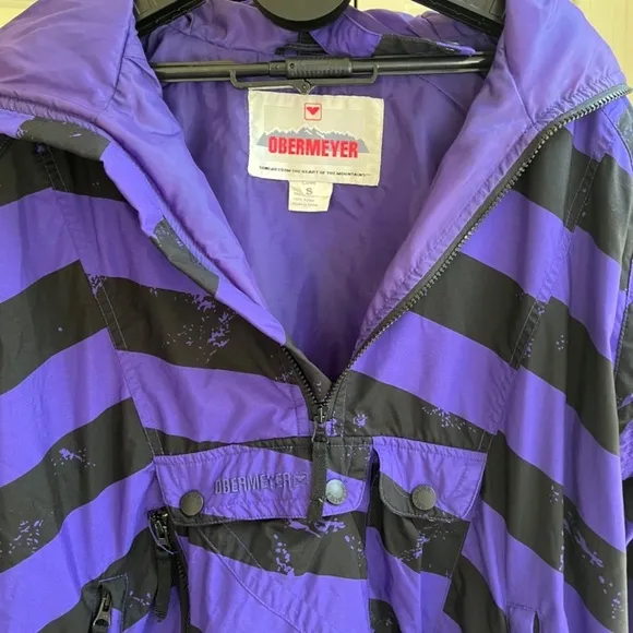 Obermeyer Purple Black Striped Popover Ski Pullover Coat with Pockets, Size S