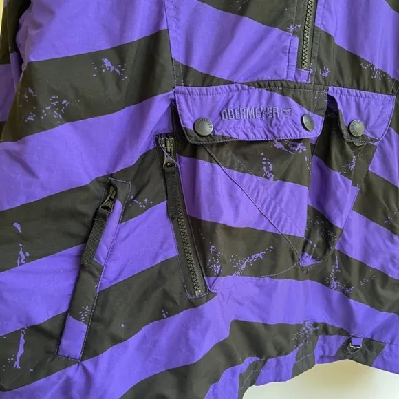 Obermeyer Purple Black Striped Popover Ski Pullover Coat with Pockets, Size S