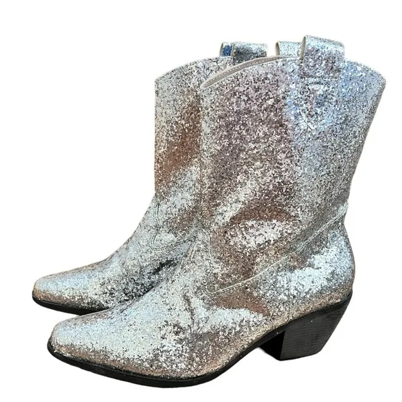Old Cutler 9 Silver Glitter Cowboy Boots Cowgirl Festival Concert Faux Leather