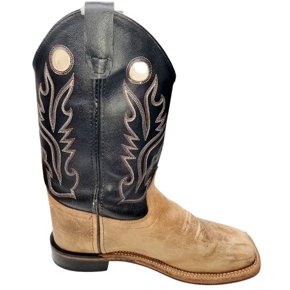 Old West Men’s Western Cowboy Boots – Tan &amp; Black Leather – Square Toe – Size 7