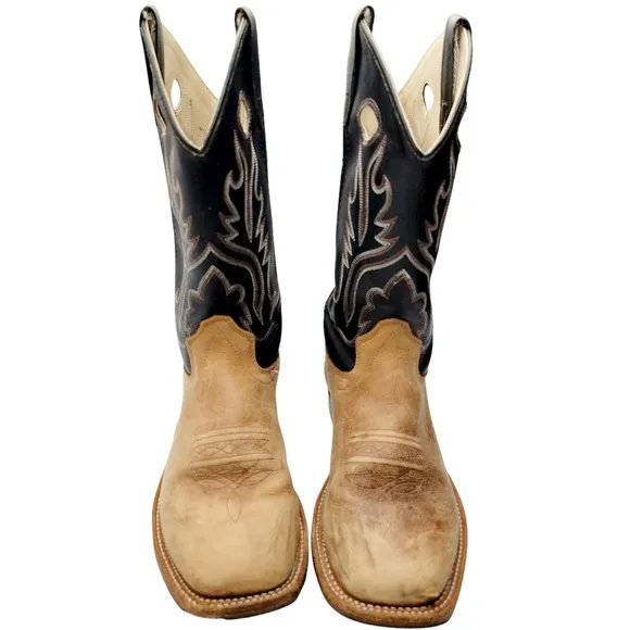 Old West Men’s Western Cowboy Boots – Tan &amp; Black Leather – Square Toe – Size 7