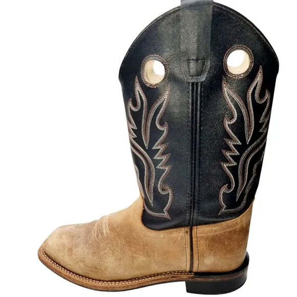 Old West Men’s Western Cowboy Boots – Tan &amp; Black Leather – Square Toe – Size 7