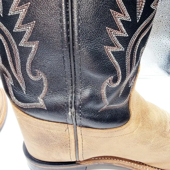 Old West Men’s Western Cowboy Boots – Tan &amp; Black Leather – Square Toe – Size 7