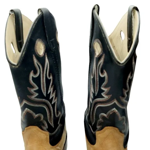 Old West Men’s Western Cowboy Boots – Tan &amp; Black Leather – Square Toe – Size 7