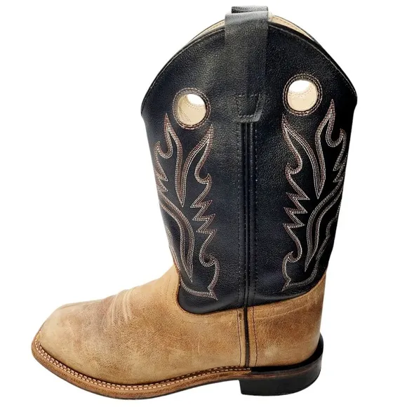 Old West Men’s Western Cowboy Boots – Tan &amp; Black Leather – Square Toe – Size 7