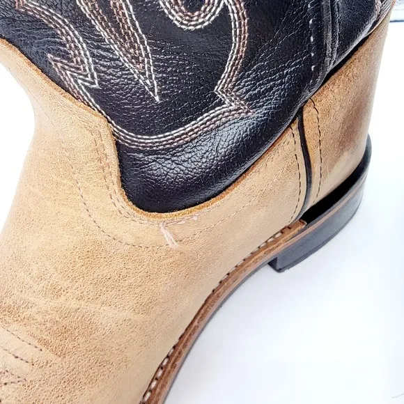 Old West Men’s Western Cowboy Boots – Tan &amp; Black Leather – Square Toe – Size 7