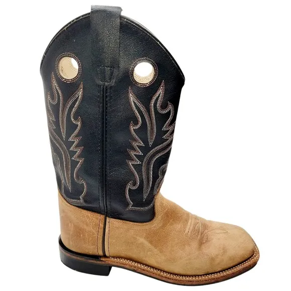 Old West Men’s Western Cowboy Boots – Tan &amp; Black Leather – Square Toe – Size 7
