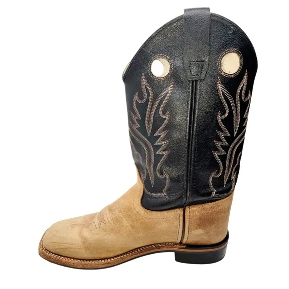 Old West Men’s Western Cowboy Boots – Tan &amp; Black Leather – Square Toe – Size 7