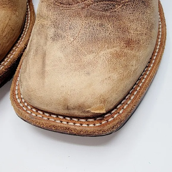 Old West Men’s Western Cowboy Boots – Tan &amp; Black Leather – Square Toe – Size 7