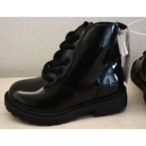 Old Navy 749932 Toddler Girl Sz 6 Black Shiny Faux-Leather Side-Zip Combat Boots
