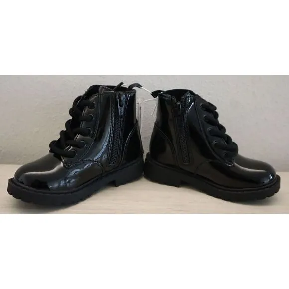 Old Navy 749932 Toddler Girl Sz 6 Black Shiny Faux-Leather Side-Zip Combat Boots