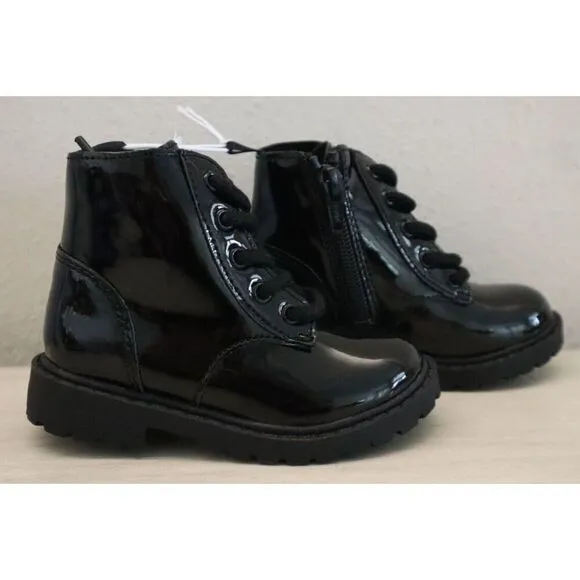 Old Navy 749932 Toddler Girl Sz 6 Black Shiny Faux-Leather Side-Zip Combat Boots