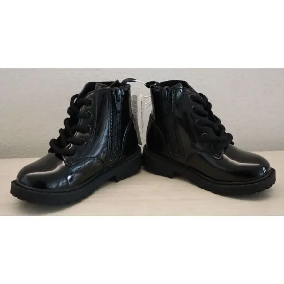 Old Navy 749932 Toddler Girl Sz 6 Black Shiny Faux-Leather Side-Zip Combat Boots
