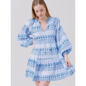 OLIPHANT Babydoll Balloon Sleeve Short Midi Dress V Neck Relaxed Fit, Size L