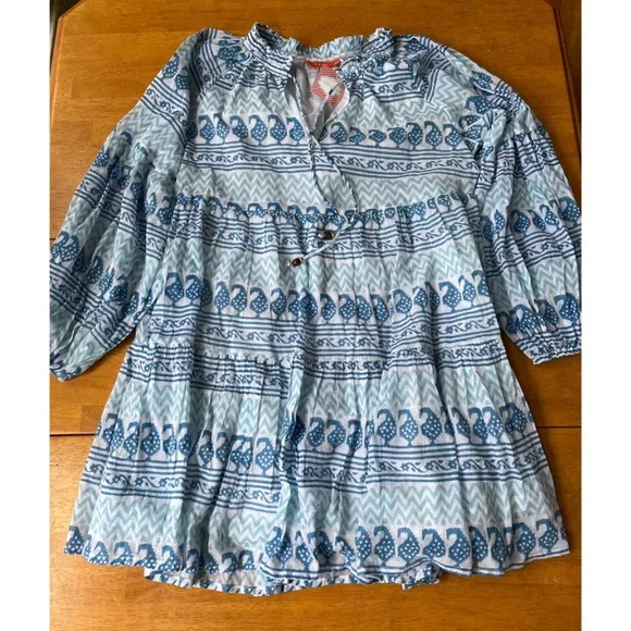 OLIPHANT Babydoll Balloon Sleeve Short Midi Dress V Neck Relaxed Fit, Size L