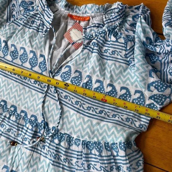 Oliphant Balloon Sleeve Blue White Midi Babydoll Dress V Neck Boho Chic, Size L