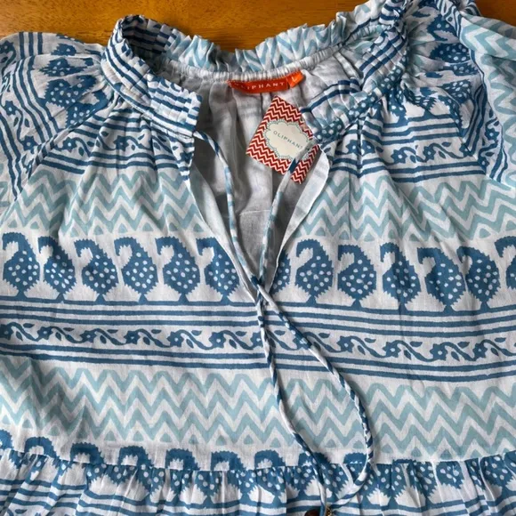 Oliphant Balloon Sleeve Blue White Midi Babydoll Dress V Neck Boho Chic, Size L