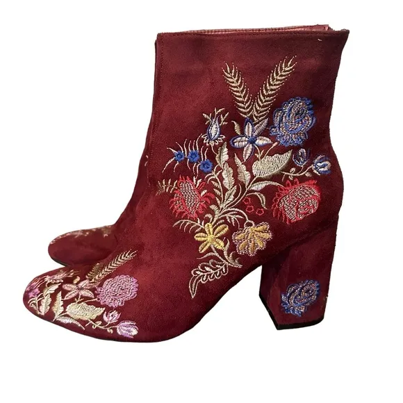 Olivia Miller Springfield Embroidered Maroon Red Ankle Boots Womens Sz 11 Boho