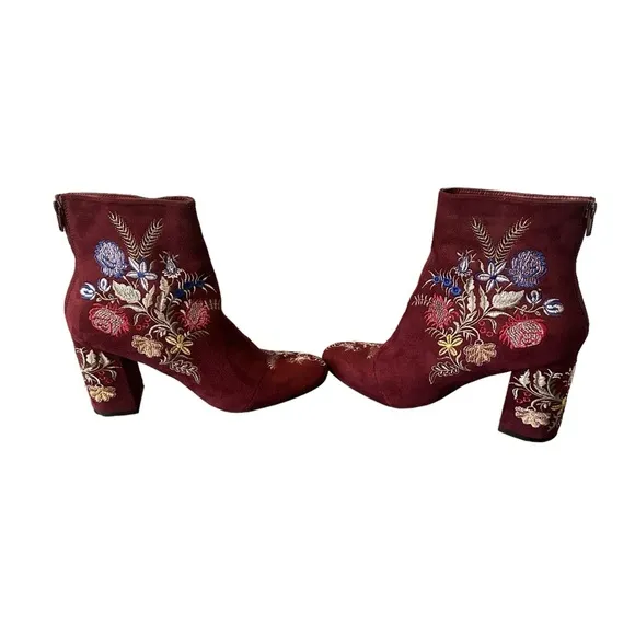 Olivia Miller Springfield Embroidered Maroon Red Ankle Boots Womens Sz 11 Boho