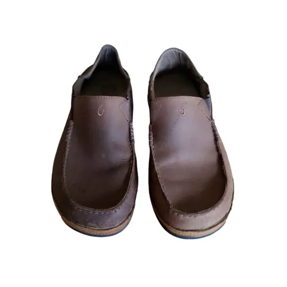 Olukai Men's Moloa Brown Leather Slip On Shoes Size 10 Loafers Boat Shoes