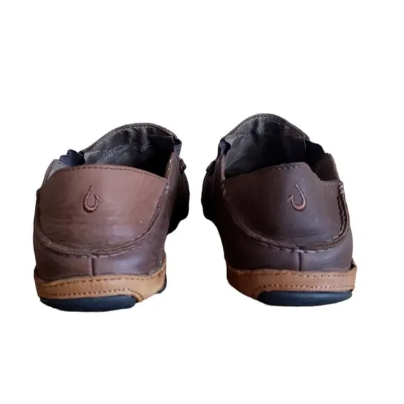 Olukai Men's Moloa Brown Leather Slip On Shoes Size 10 Loafers Boat Shoes