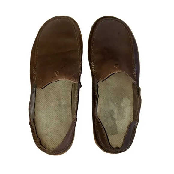 Olukai Men's Moloa Brown Leather Slip On Shoes Size 10 Loafers Boat Shoes
