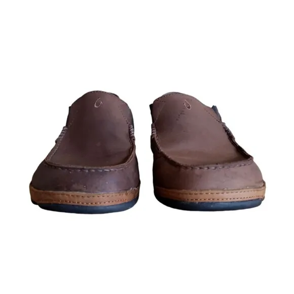 Olukai Men's Moloa Brown Leather Slip On Shoes Size 10 Loafers Boat Shoes