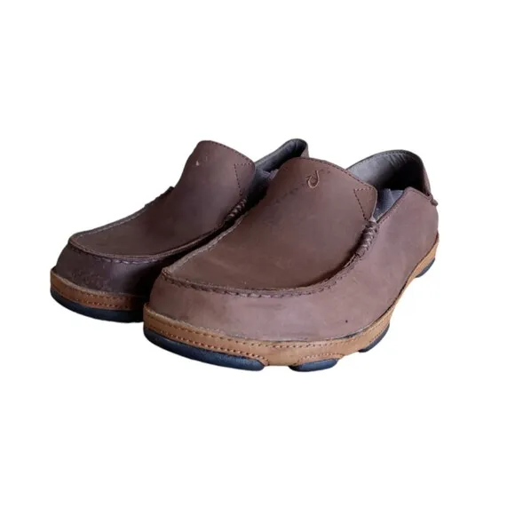 Olukai Men's Moloa Brown Leather Slip On Shoes Size 10 Loafers Boat Shoes